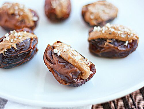 Delicious Whole30 snack that includes dates, nut butter, and salt